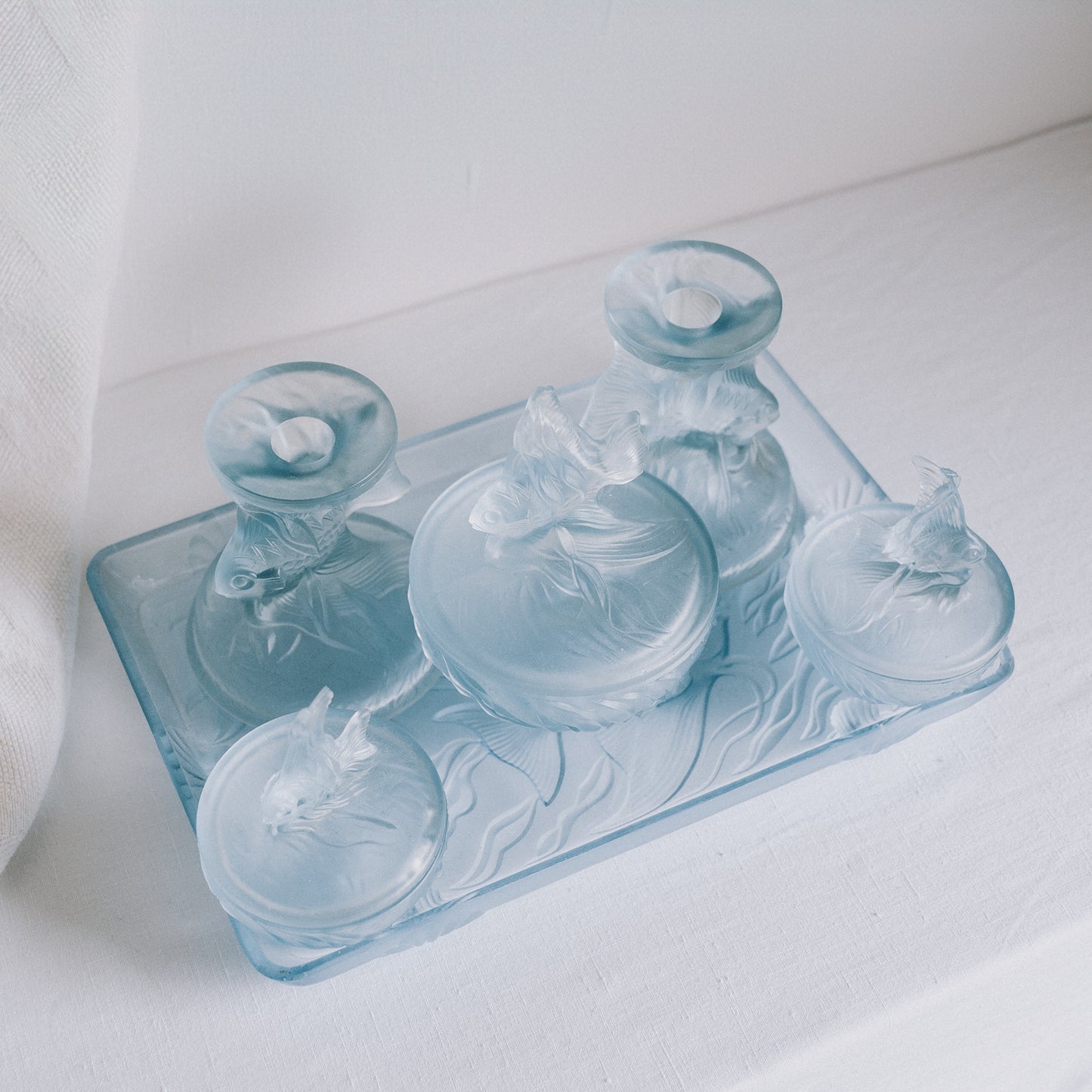 Walther & Söhne Art Deco Glass 'Sonnenfisch' Trinket Tray Set