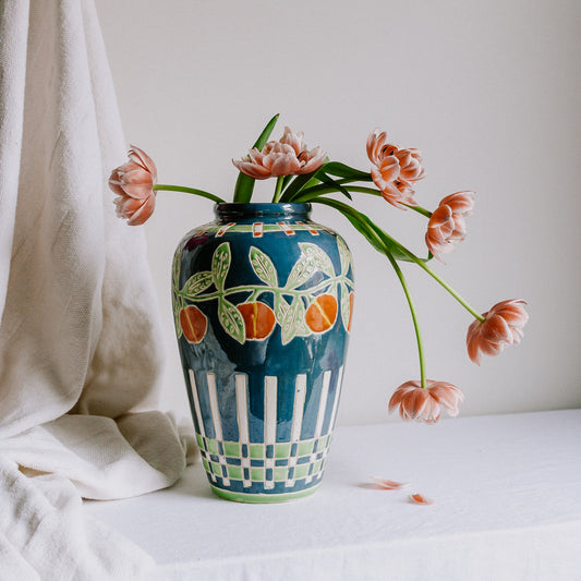 Vintage Spanish Talavera Vase - Orange Fruit